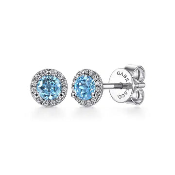 GABRIEL & CO- 14K White Gold Diamond Halo Swiss Blue Topaz Stud Earrings